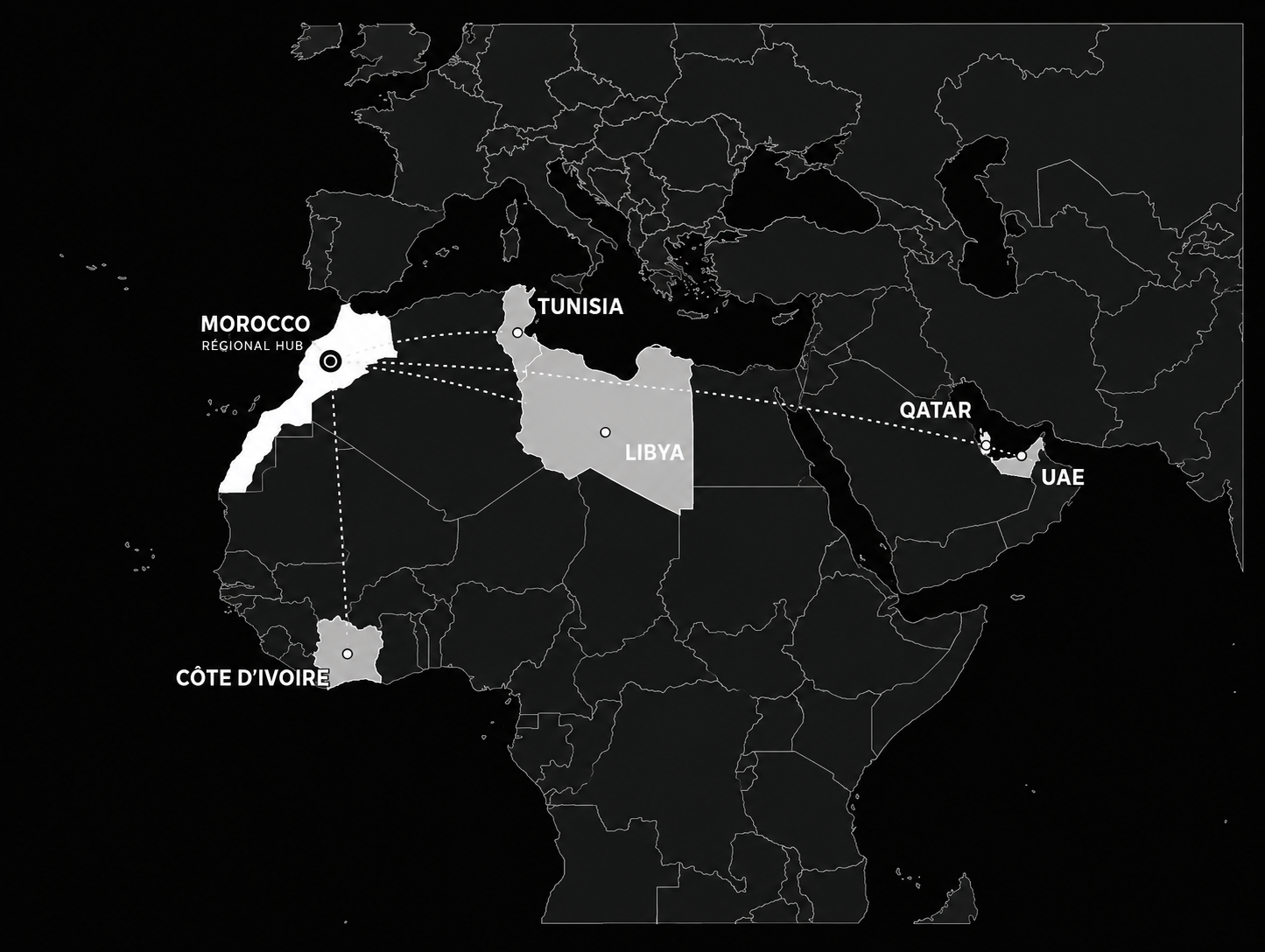 Sigma Architectures presence map — Morocco regional hub connected to Tunisia, Libya, Côte d’Ivoire, Qatar and UAE